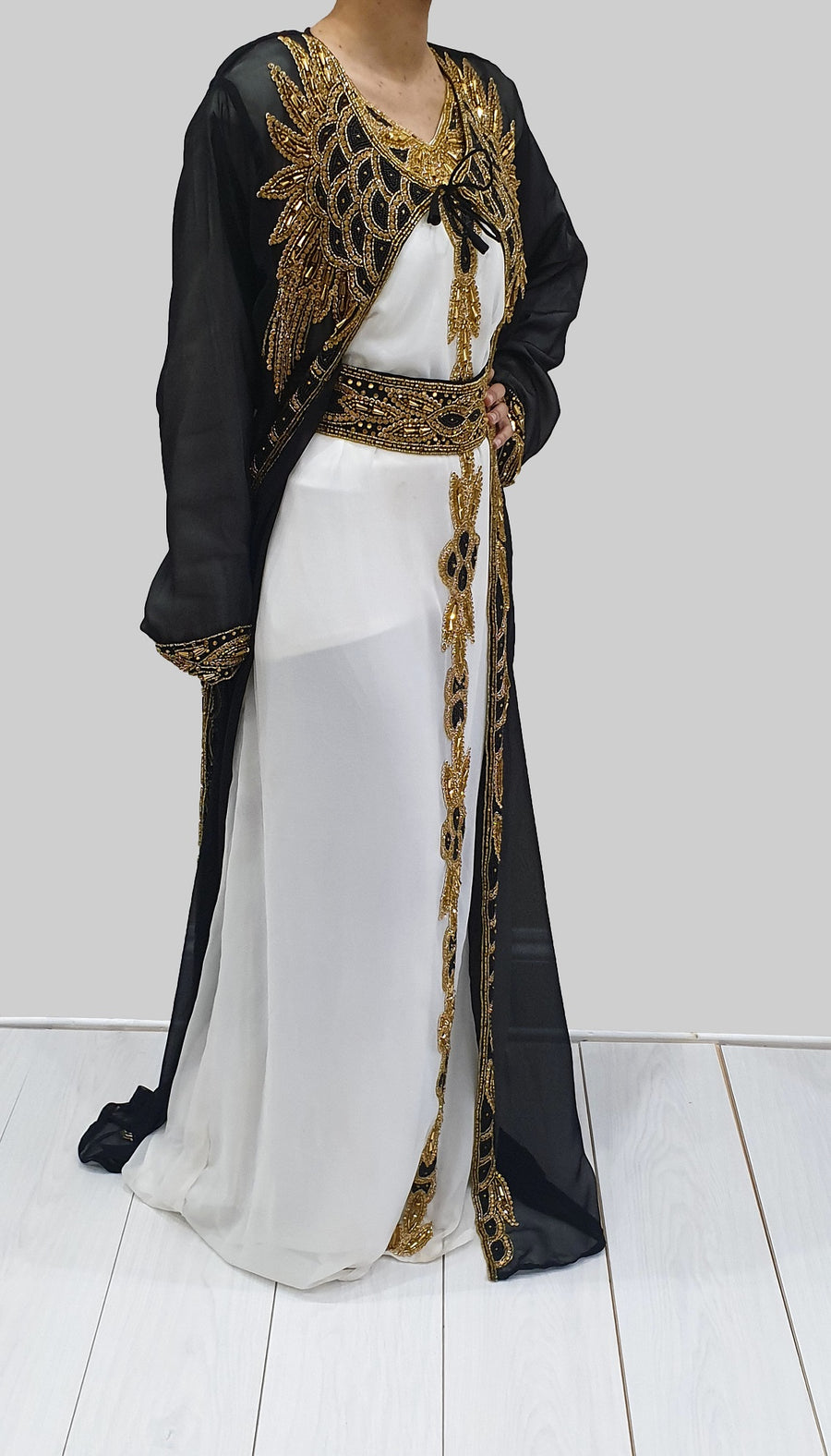 Saadat kaftan crystal and bead embellishment close-up