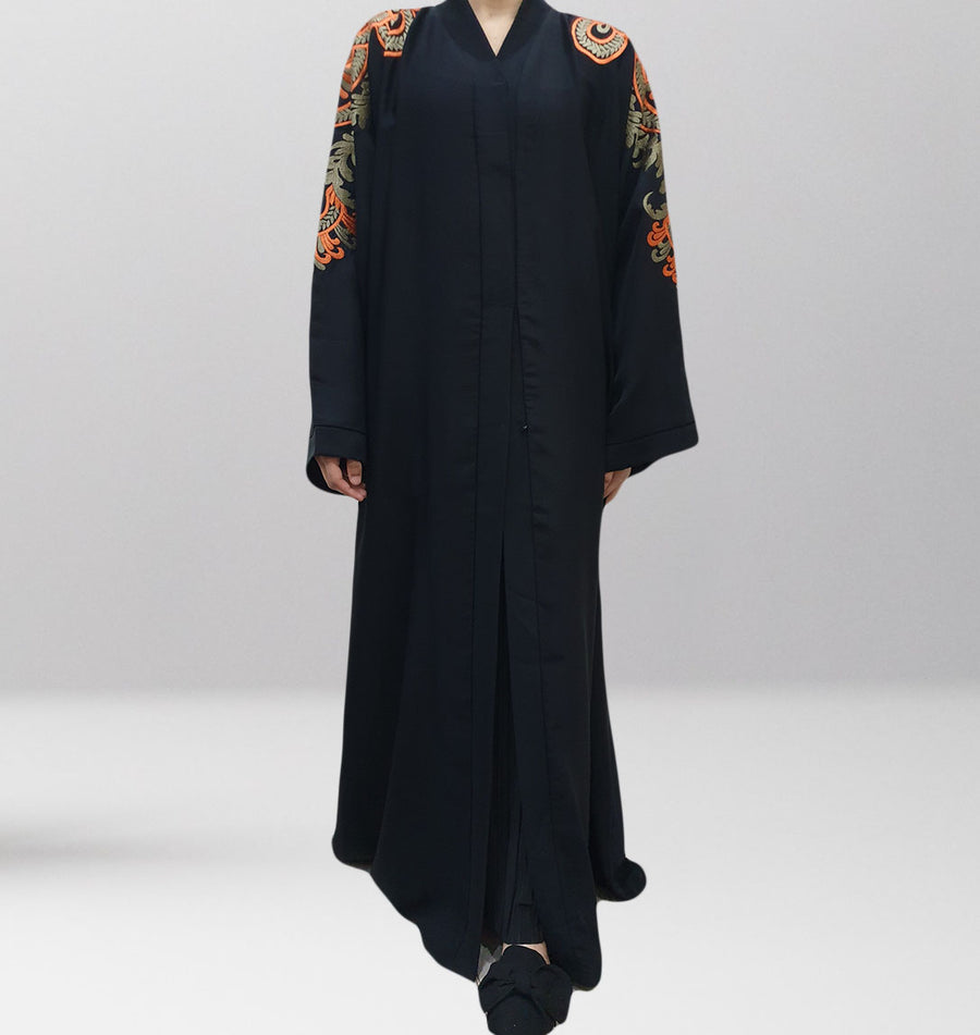 Najad black and orange embroidered open abaya front view