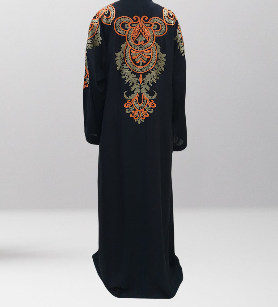 Black and orange Neda open abaya embroidery detail