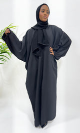 Ash black open abaya with subtle black embellishment and matching hijab, front view