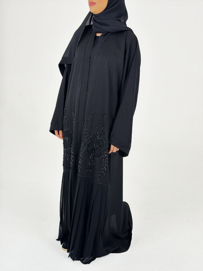 Black embellished open abaya with hand-stitched front beading, front view