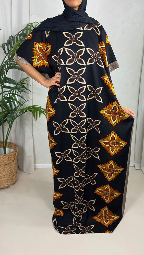 Black mandala print cotton baati maxi dress, full-length front view