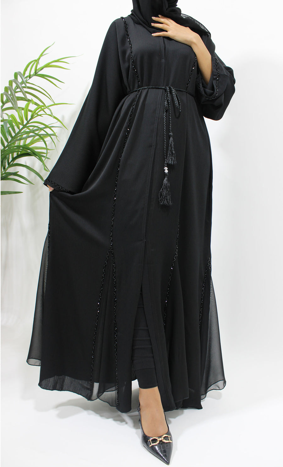 Black open abaya with black diamante piping and matching hijab, front view