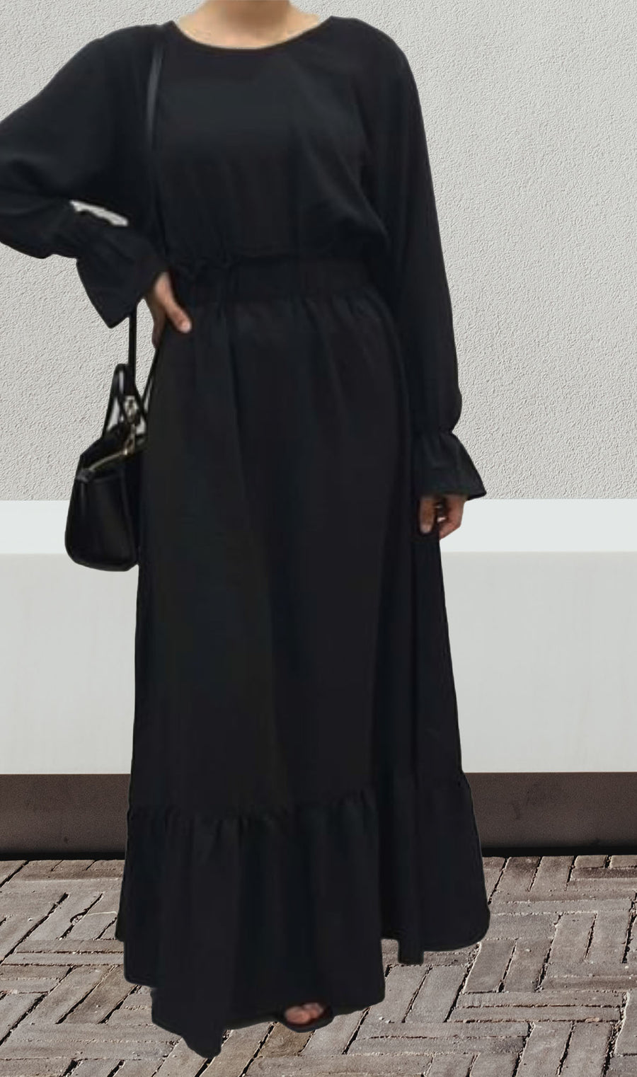 Black modest maxi dress with long sleeves side view