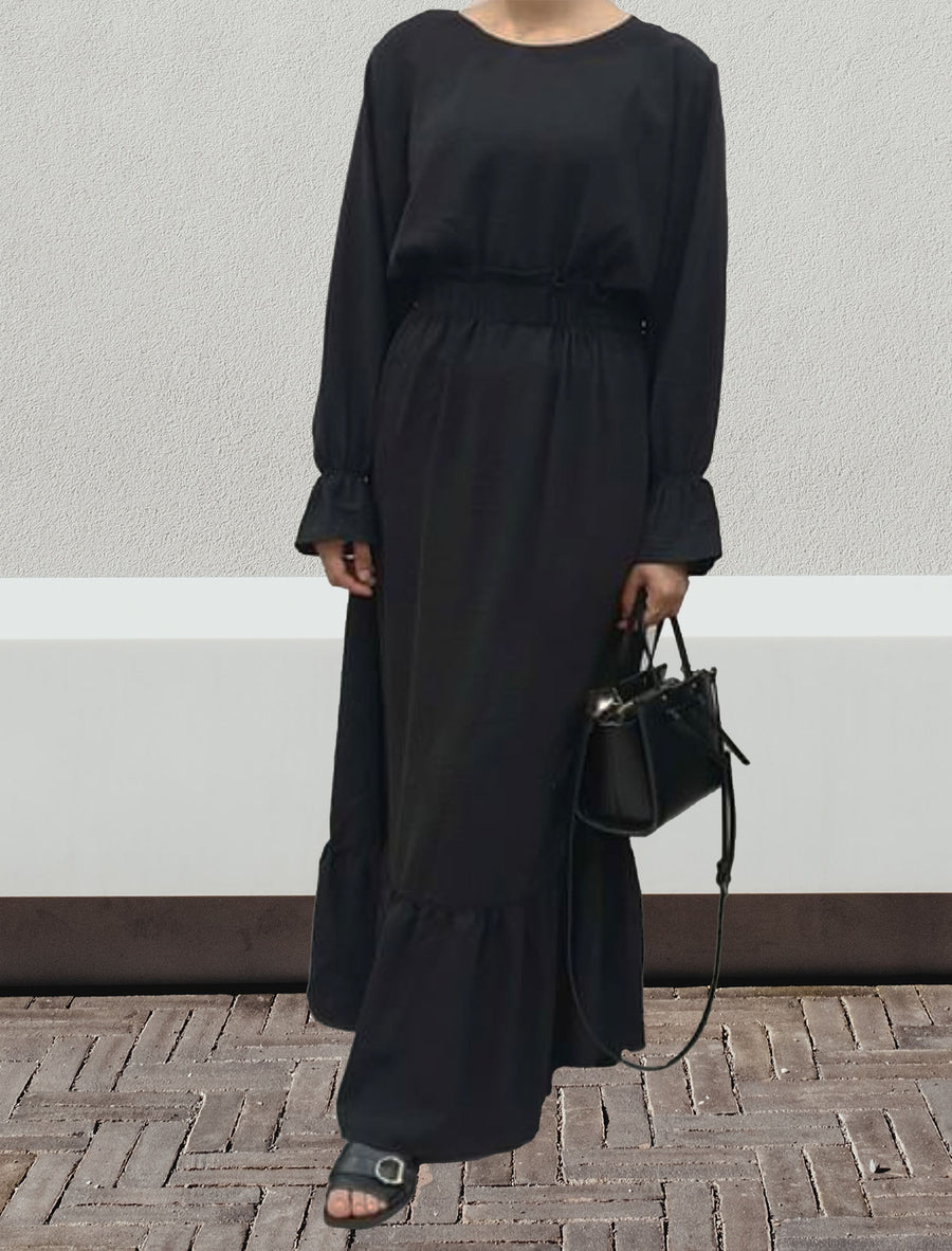 Amani's black viscose long sleeve maxi dress with elasticated waist