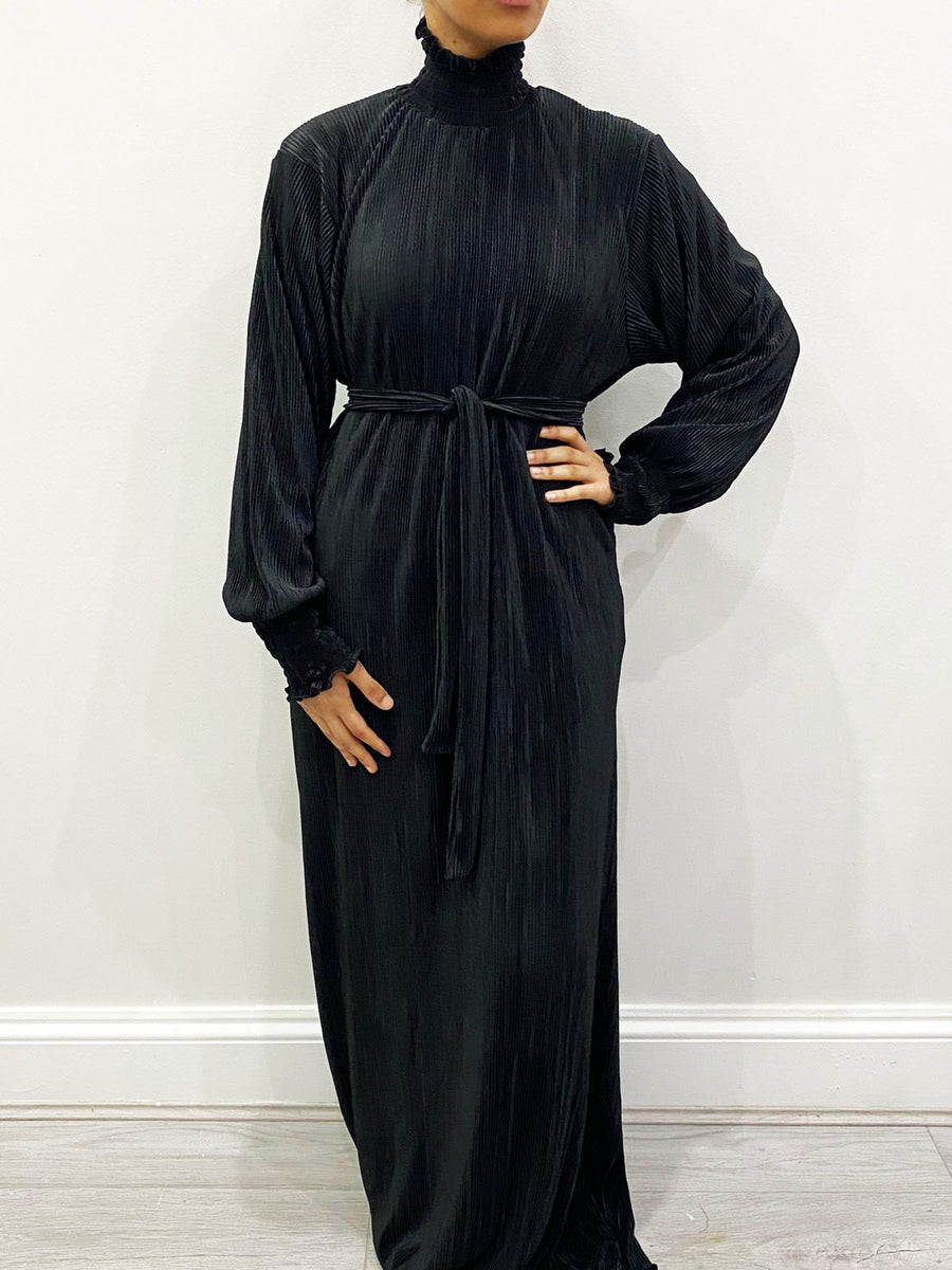 Pleated satin detail on the black turtleneck maxi dress