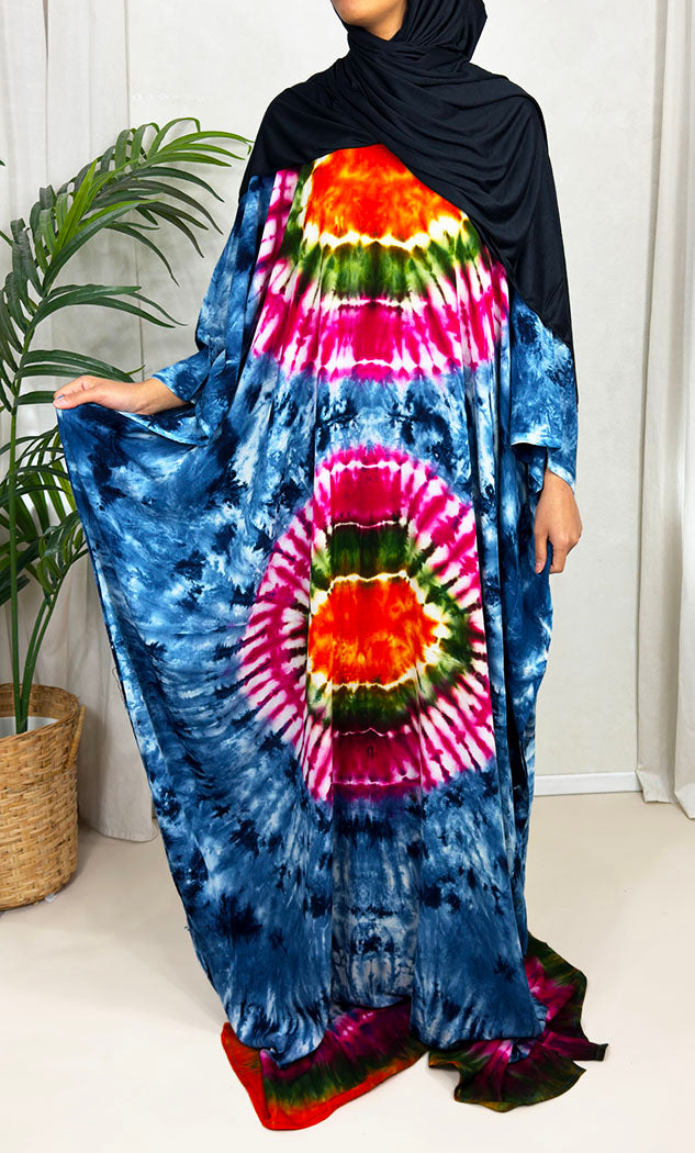 Blue tie-dye farasha baati dress in soft cotton, full-length front view