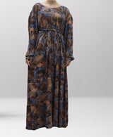 Brown-tone floral cotton pocket maxi dress with belt, full-length front view