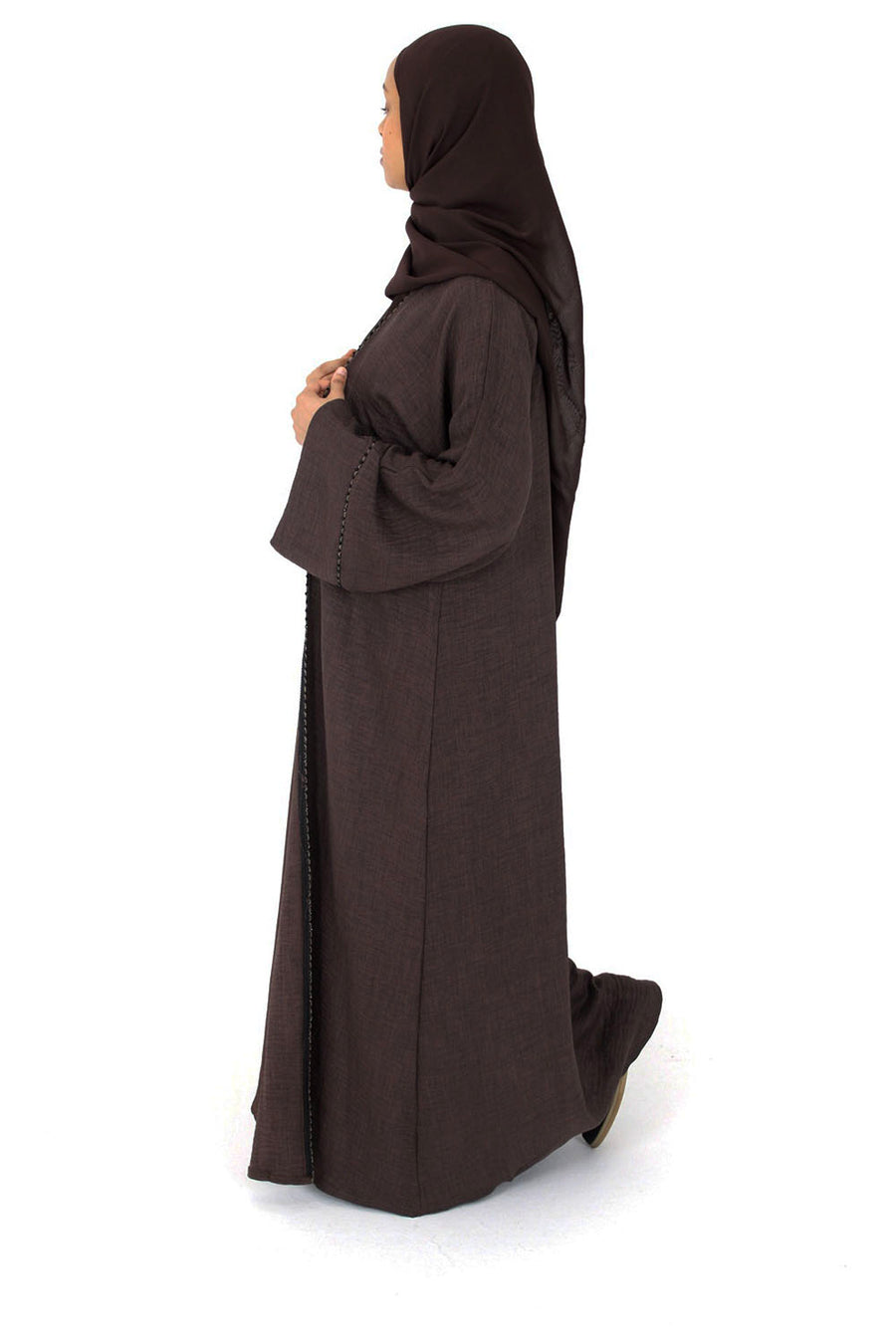 Brown polyester linen open abaya set full length styling