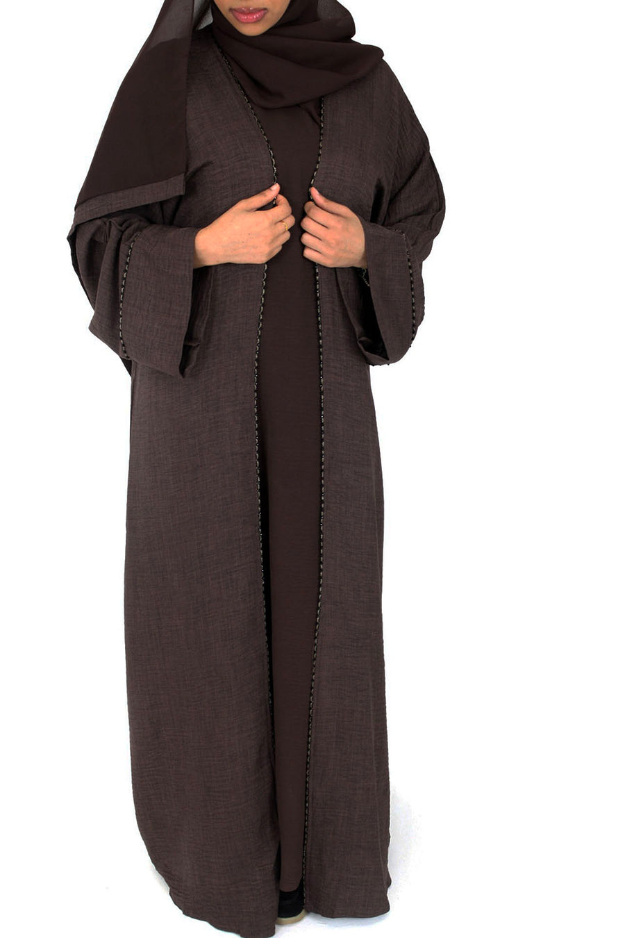 Brown open abaya over inner dress with dainty piping detail