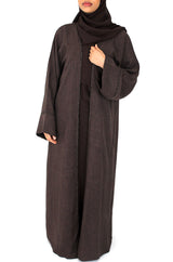 Amani's brown 4-piece open abaya set with dainty piping front view