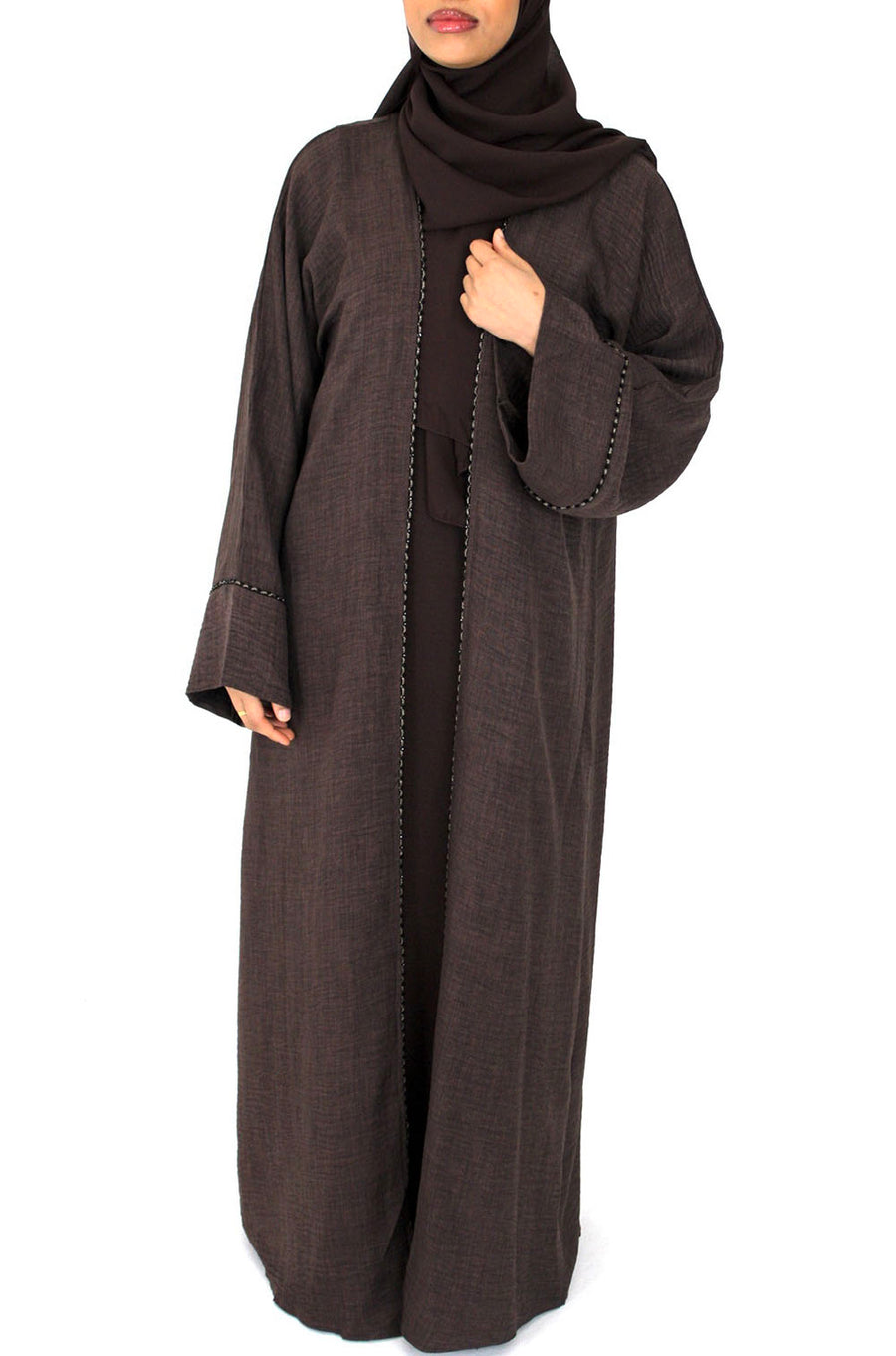 Amani's brown 4-piece open abaya set with dainty piping front view