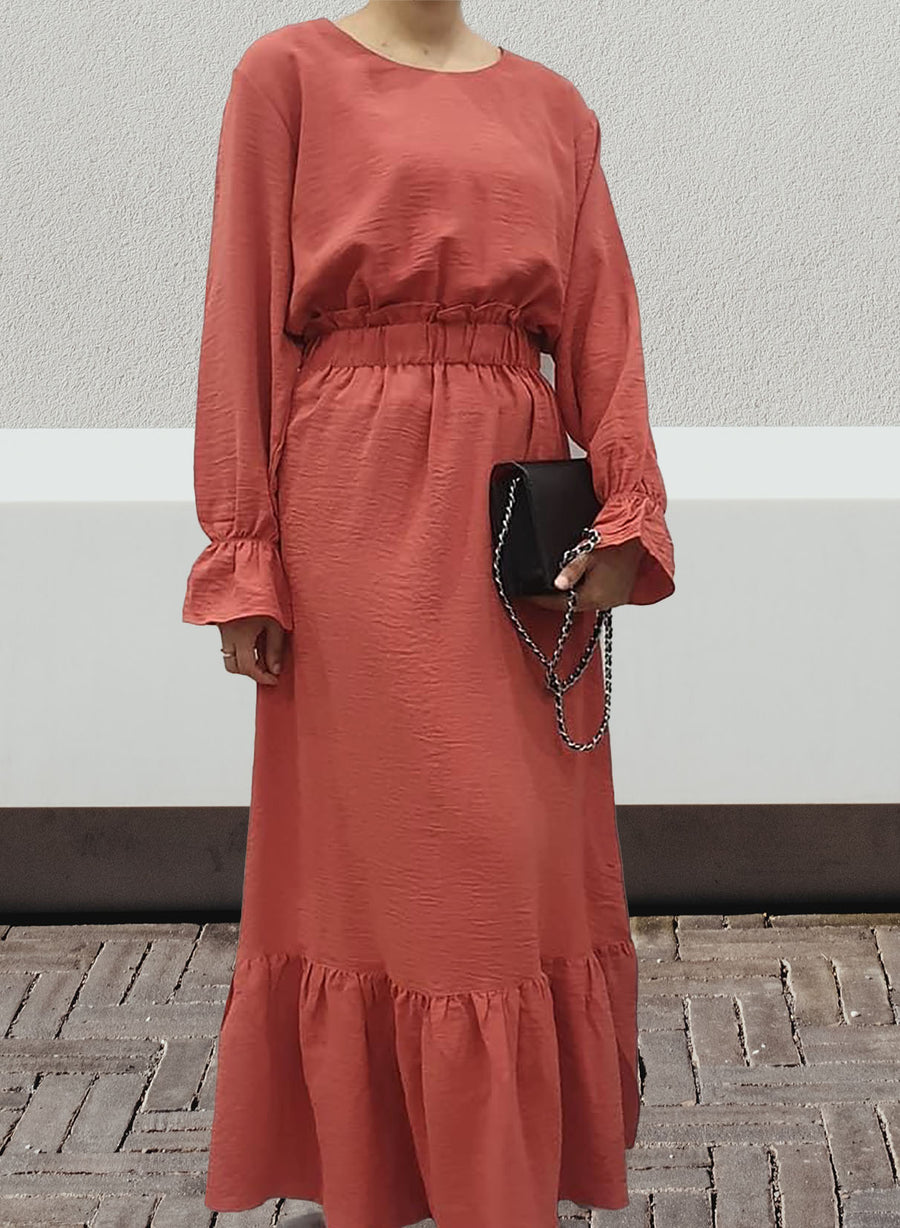 Amani's coral viscose long sleeve maxi dress with elasticated waist