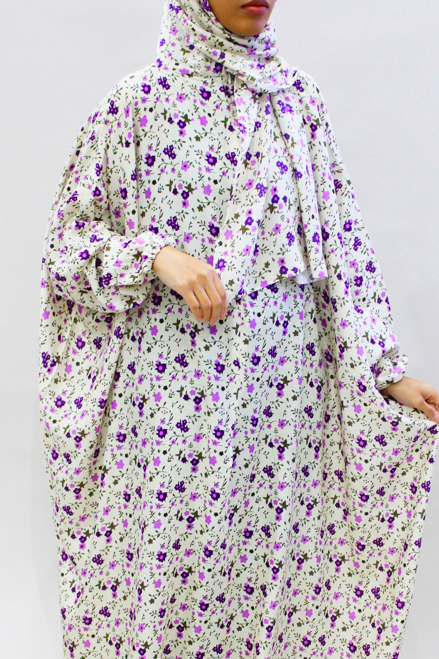 Buttermilk floral prayer dress showing the attached hijab