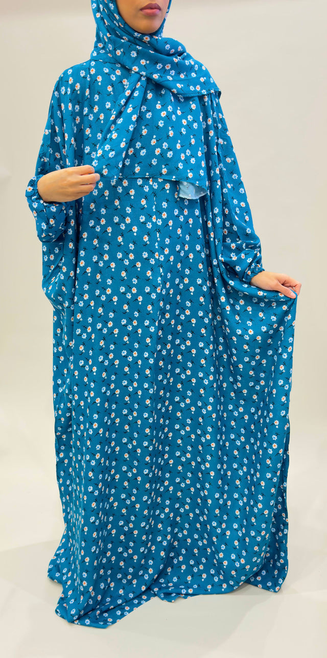 Dark turquoise cotton floral prayer dress with attached hijab, front view
