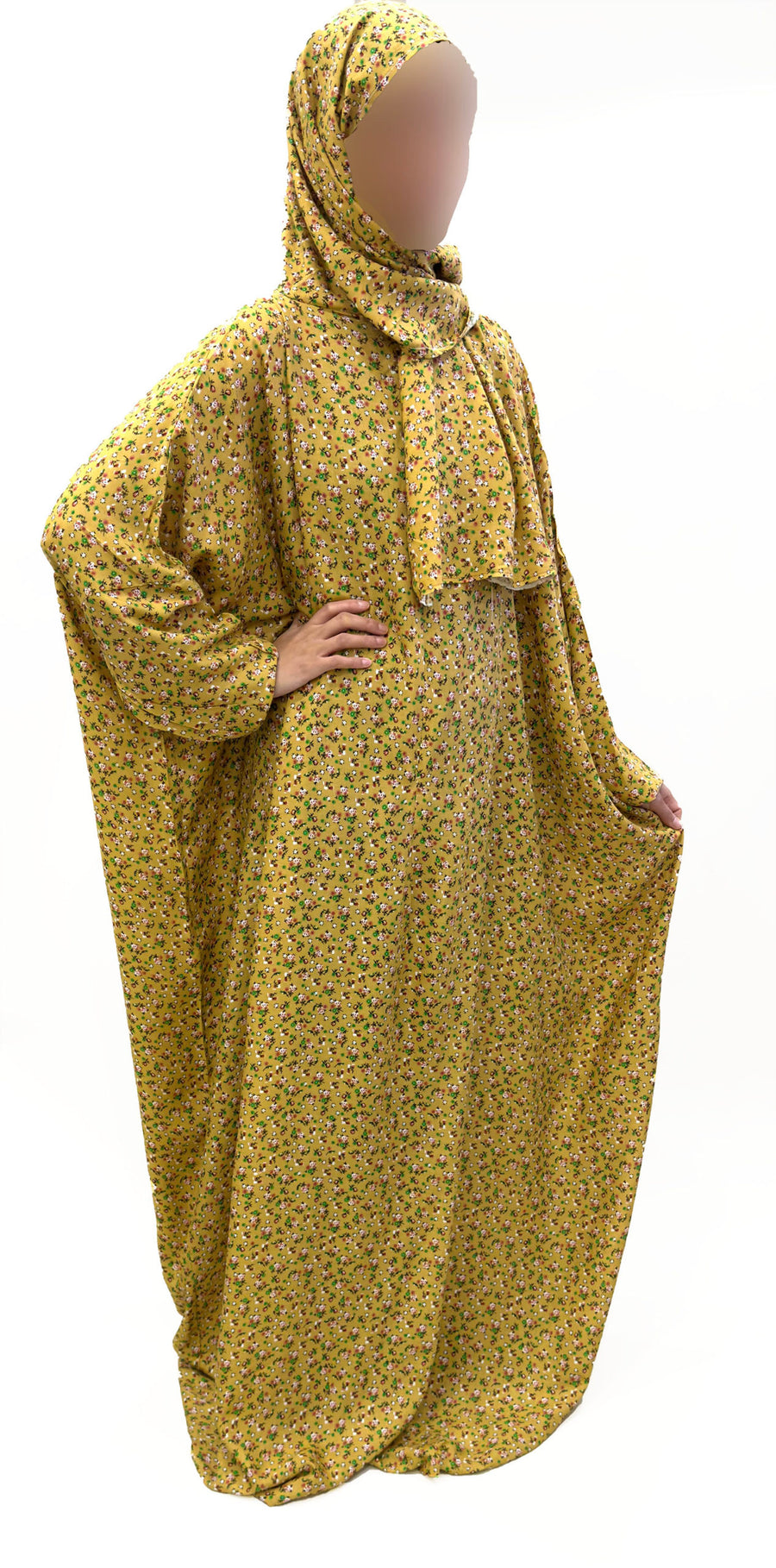 Medallion floral prayer dress showing the print and elasticated cuffs