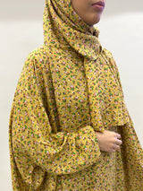 Medallion cotton floral prayer dress with attached hijab, front view