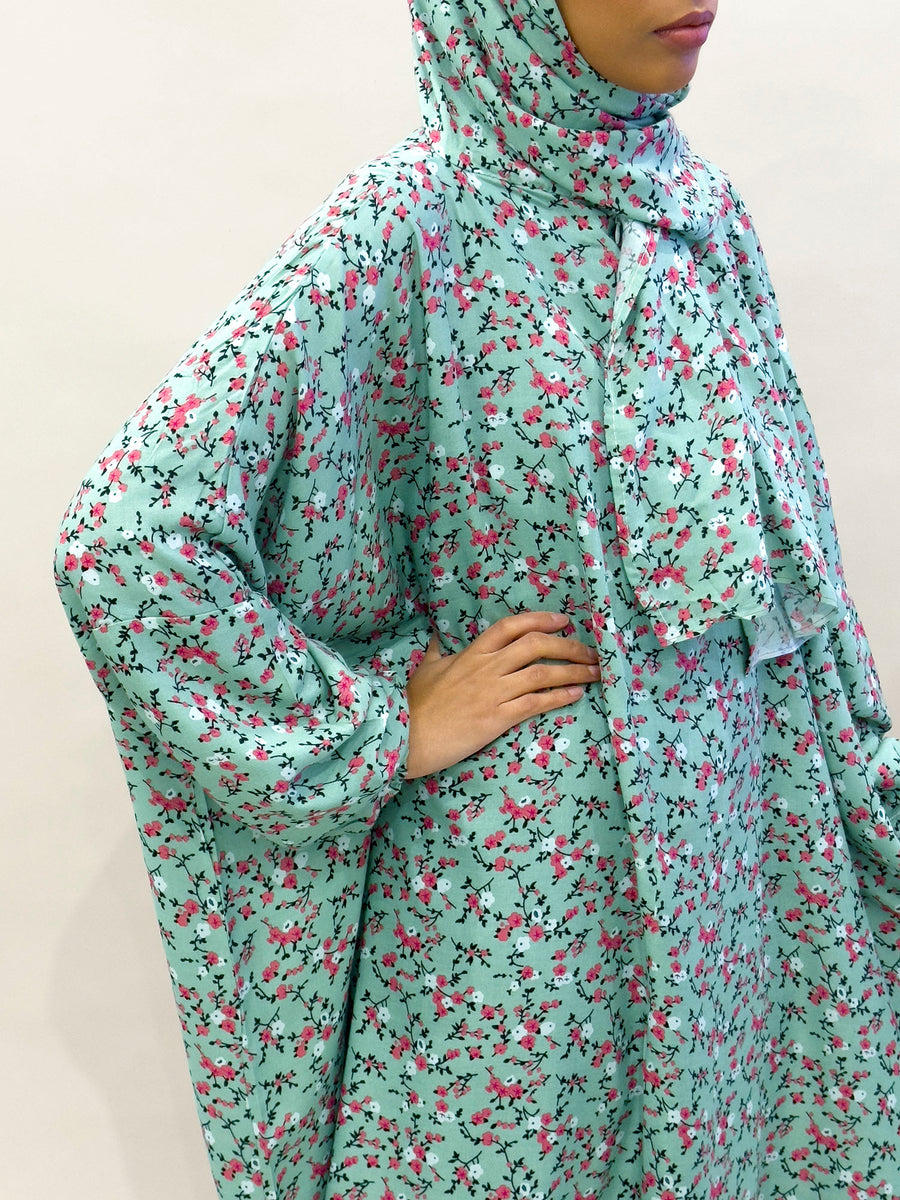 Mint green cotton floral prayer dress with attached hijab, front view