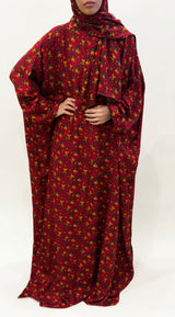 Orange flower cotton floral prayer dress with attached hijab, front view