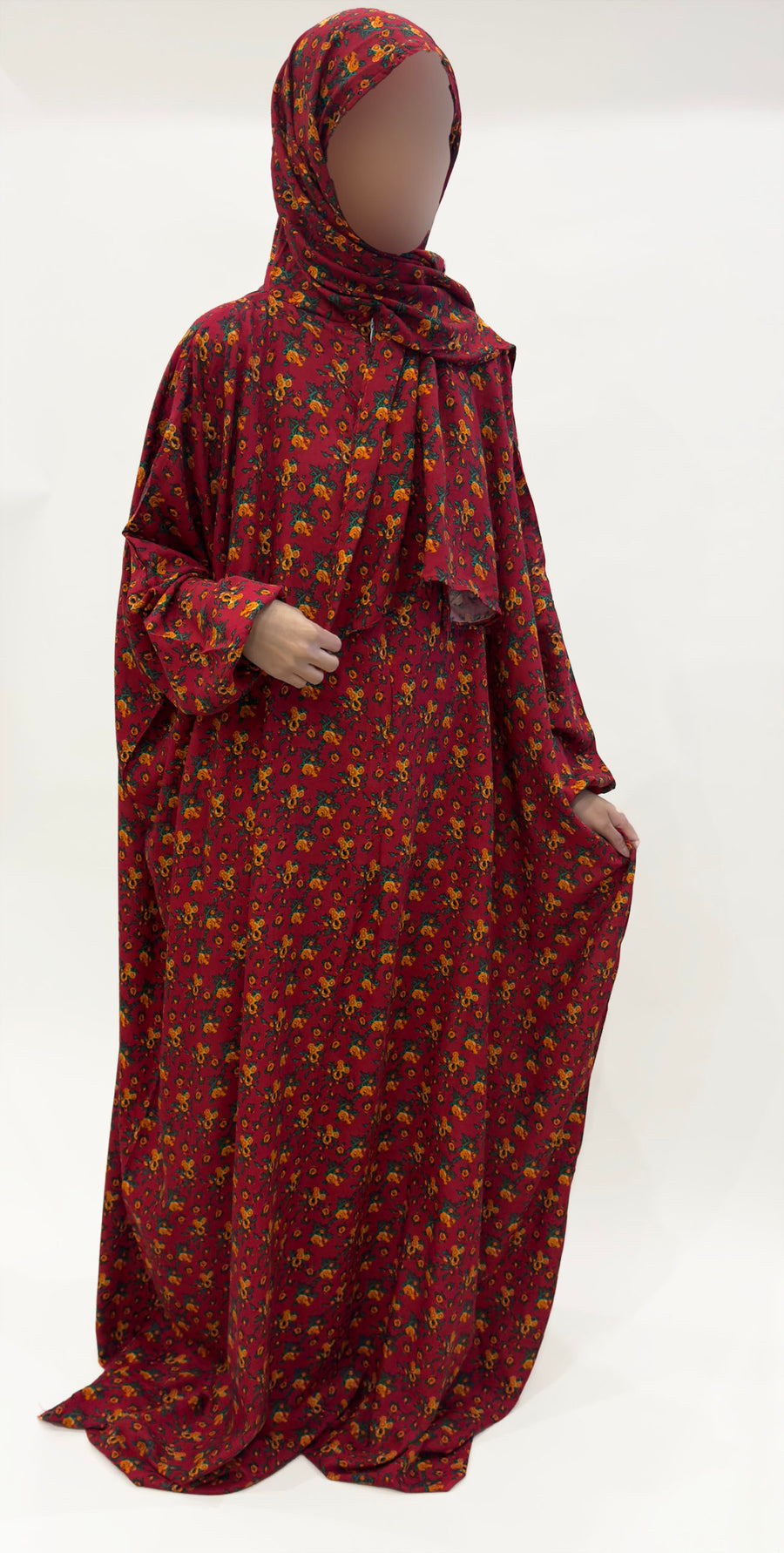 Orange flower floral prayer dress showing the attached hijab
