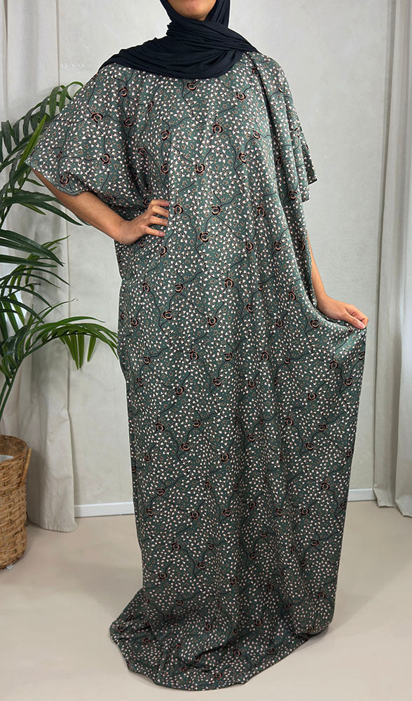 Hunter green dainty floral cotton baati maxi dress, full-length front view