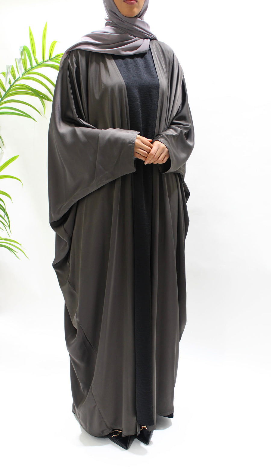 Open farasha over-layer of the dark taupe abaya set