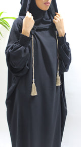 Black double hooded prayer abaya, front view
