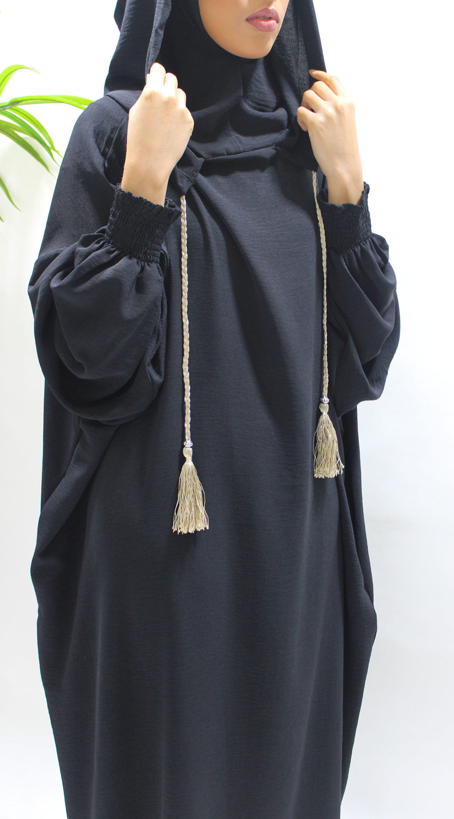Black double hooded prayer abaya, front view