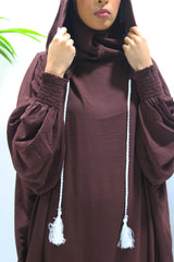 Brown double hooded prayer abaya, front view