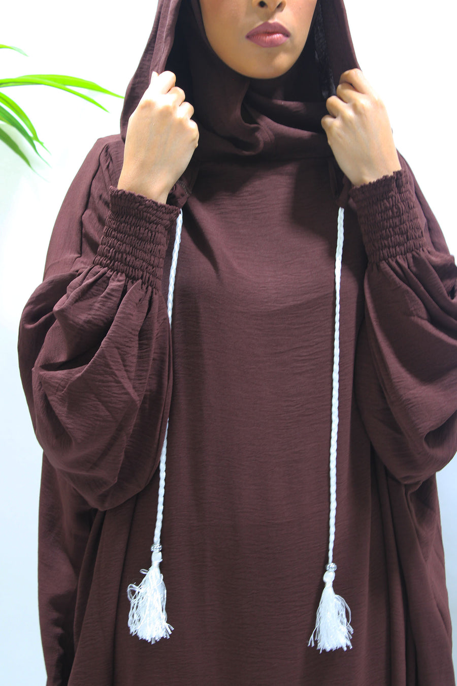 Brown double hooded prayer abaya, front view