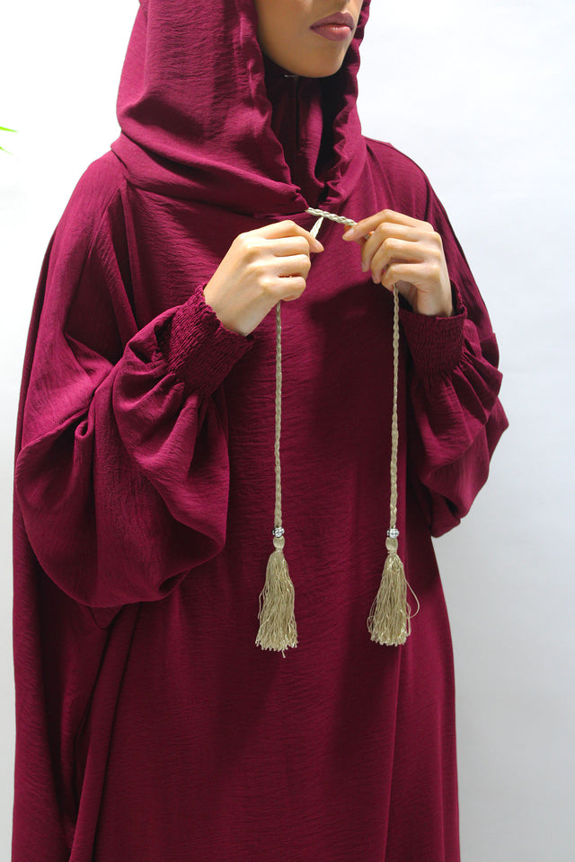 Burgundy double hooded prayer abaya, front view