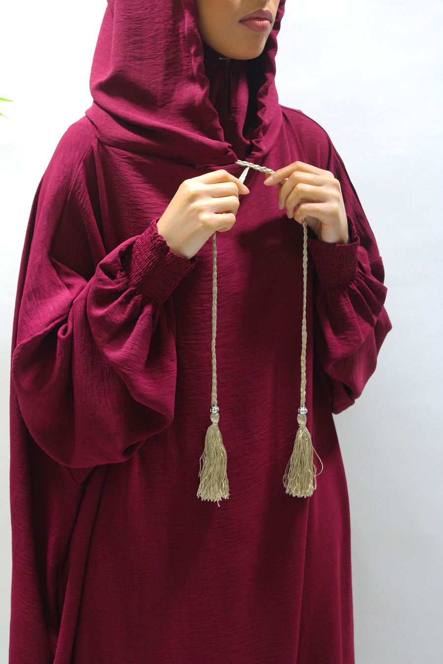 Burgundy double hooded prayer abaya, front view