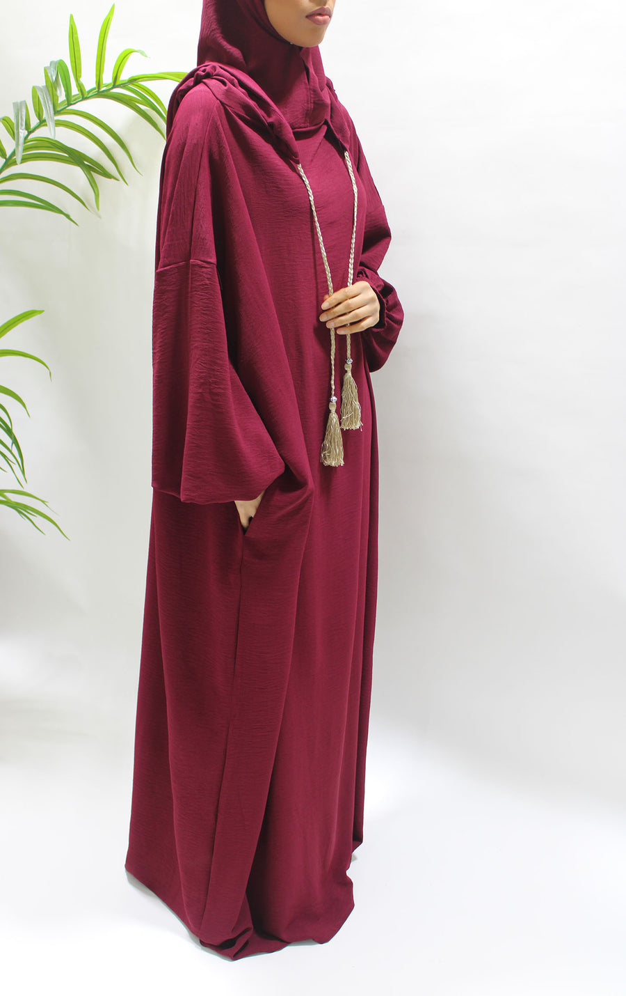 Burgundy double hooded prayer abaya, full-length view