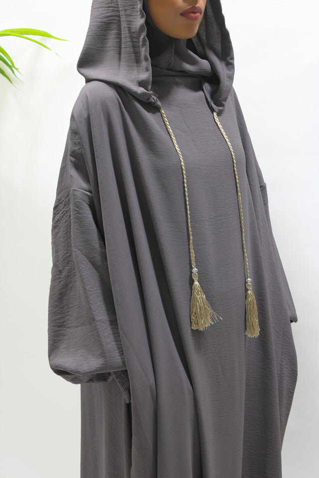 Moon grey double hooded prayer abaya, front view
