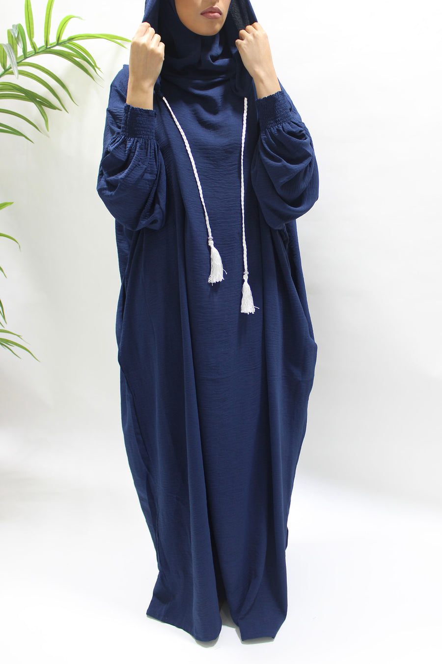 Navy prayer abaya showing the double hood