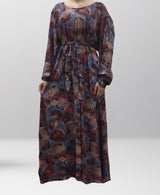 Plum-tone floral cotton pocket maxi dress with belt, full-length front view
