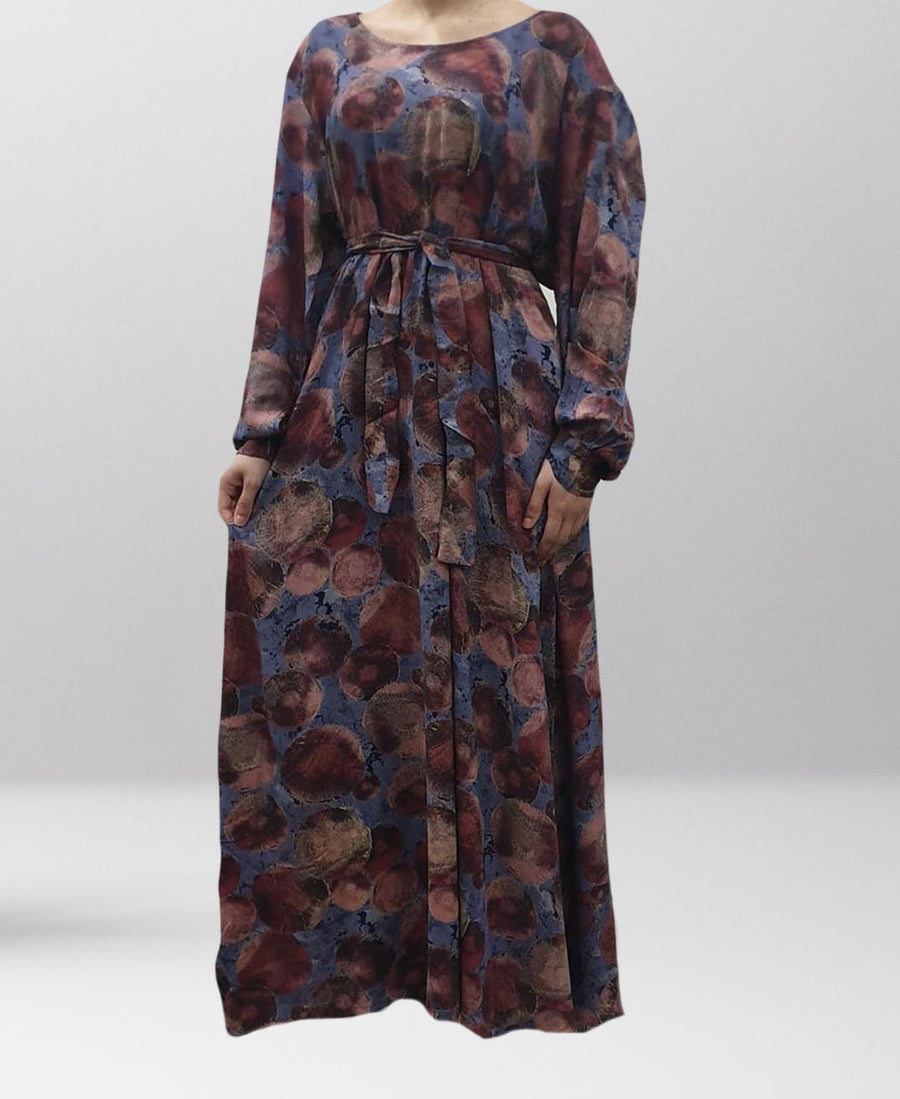 Plum-tone floral cotton pocket maxi dress with belt, full-length front view