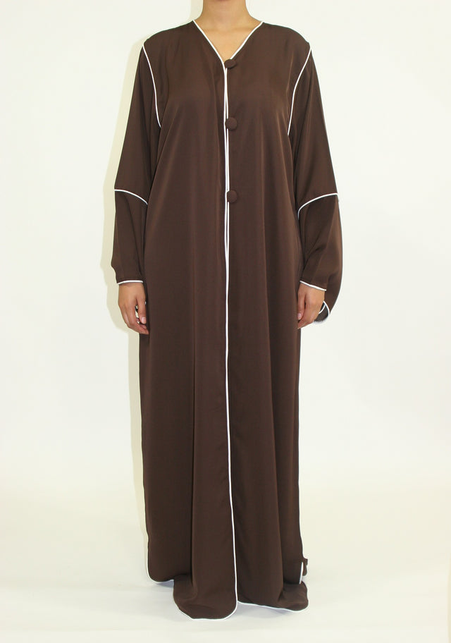 Dark brown open maxi jacket with satin piping, front view