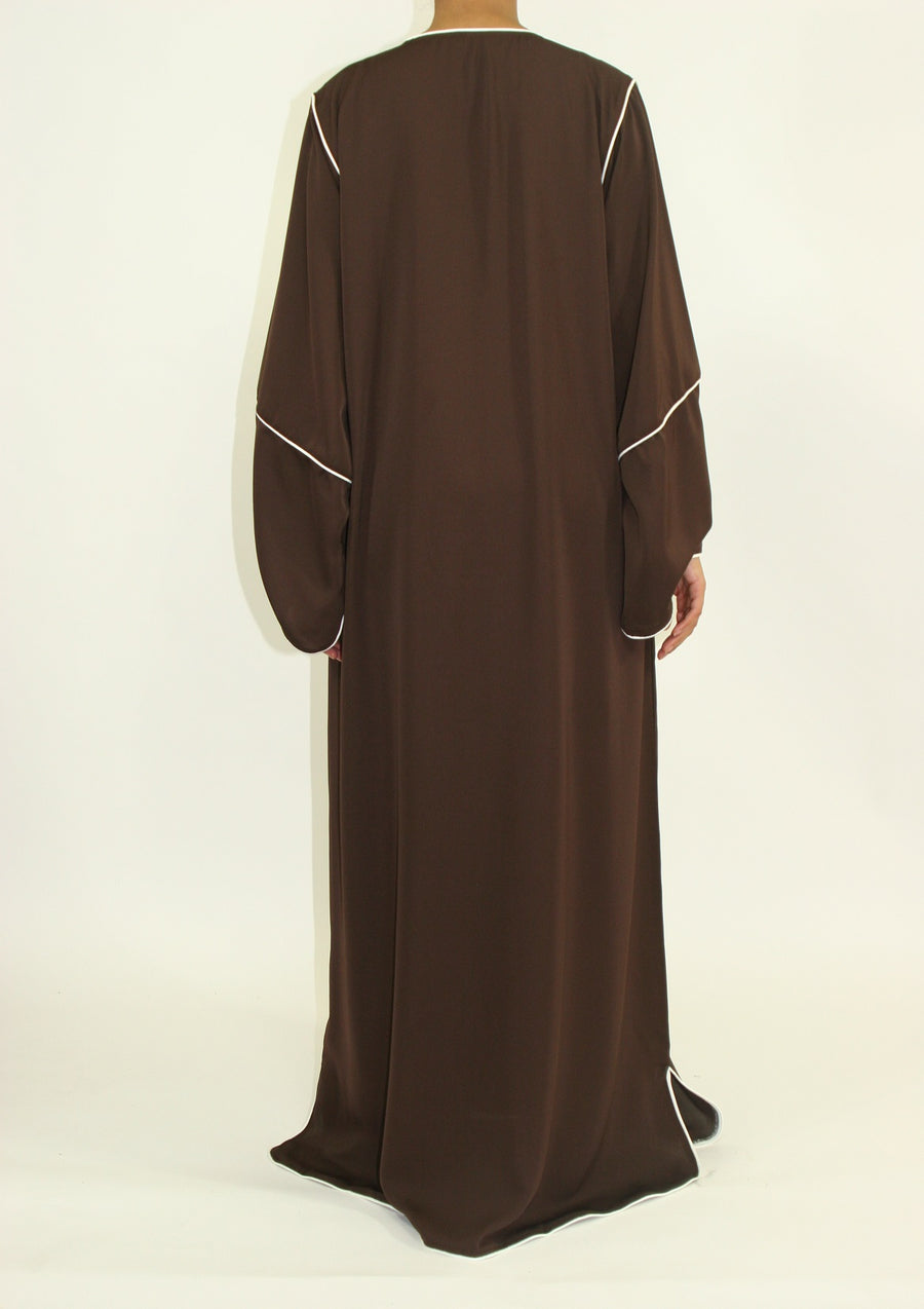 Dark brown long sleeve open maxi jacket, full length