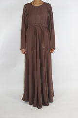 Brown A-line pleated long-sleeve maxi dress with tie belt, front view
