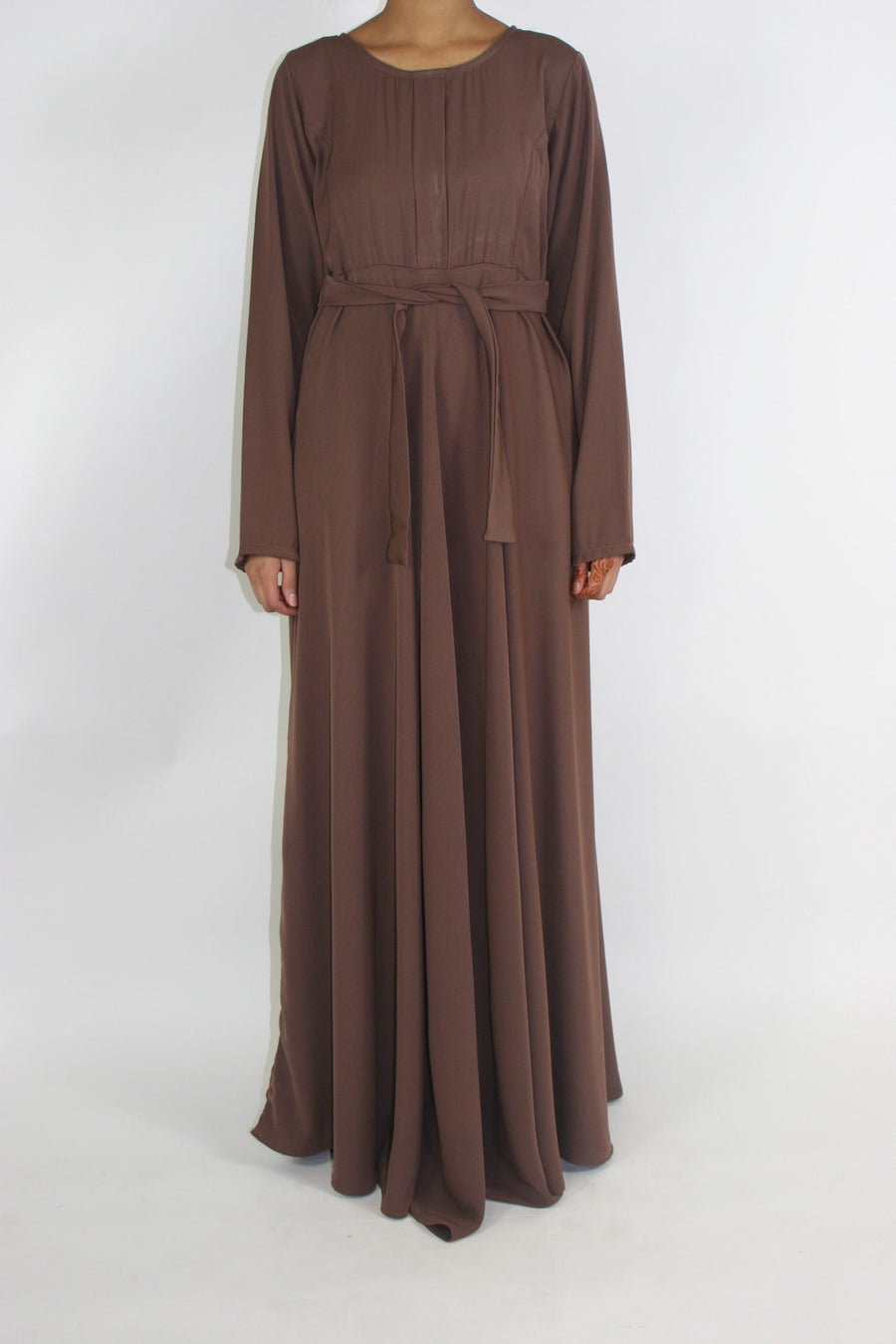 Brown A-line pleated long-sleeve maxi dress with tie belt, front view