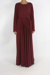 A-line pleated long-sleeve modest maxi dress, front view