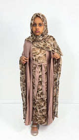 Girls' dusty pink farasha four piece abaya set, front view