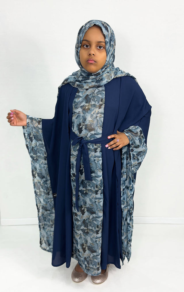 Girls' navy farasha four piece abaya set, front view