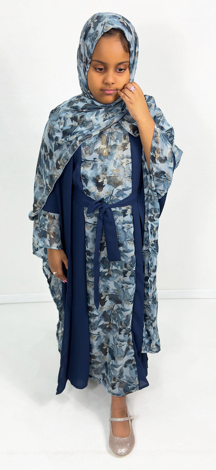 Girls' navy farasha abaya set with belt detail