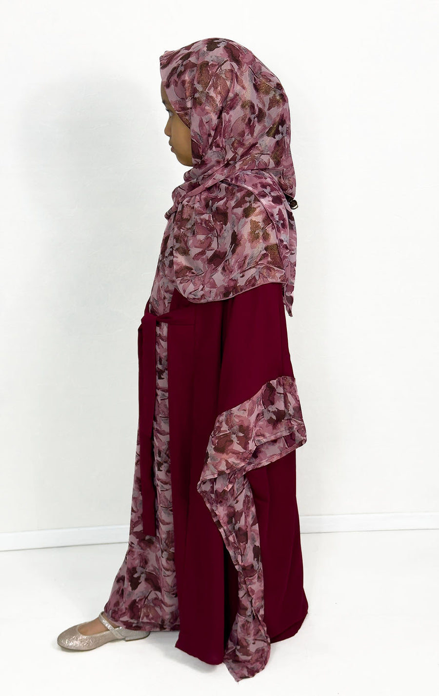 Girls' wine farasha abaya set showing shimmer floral chiffon
