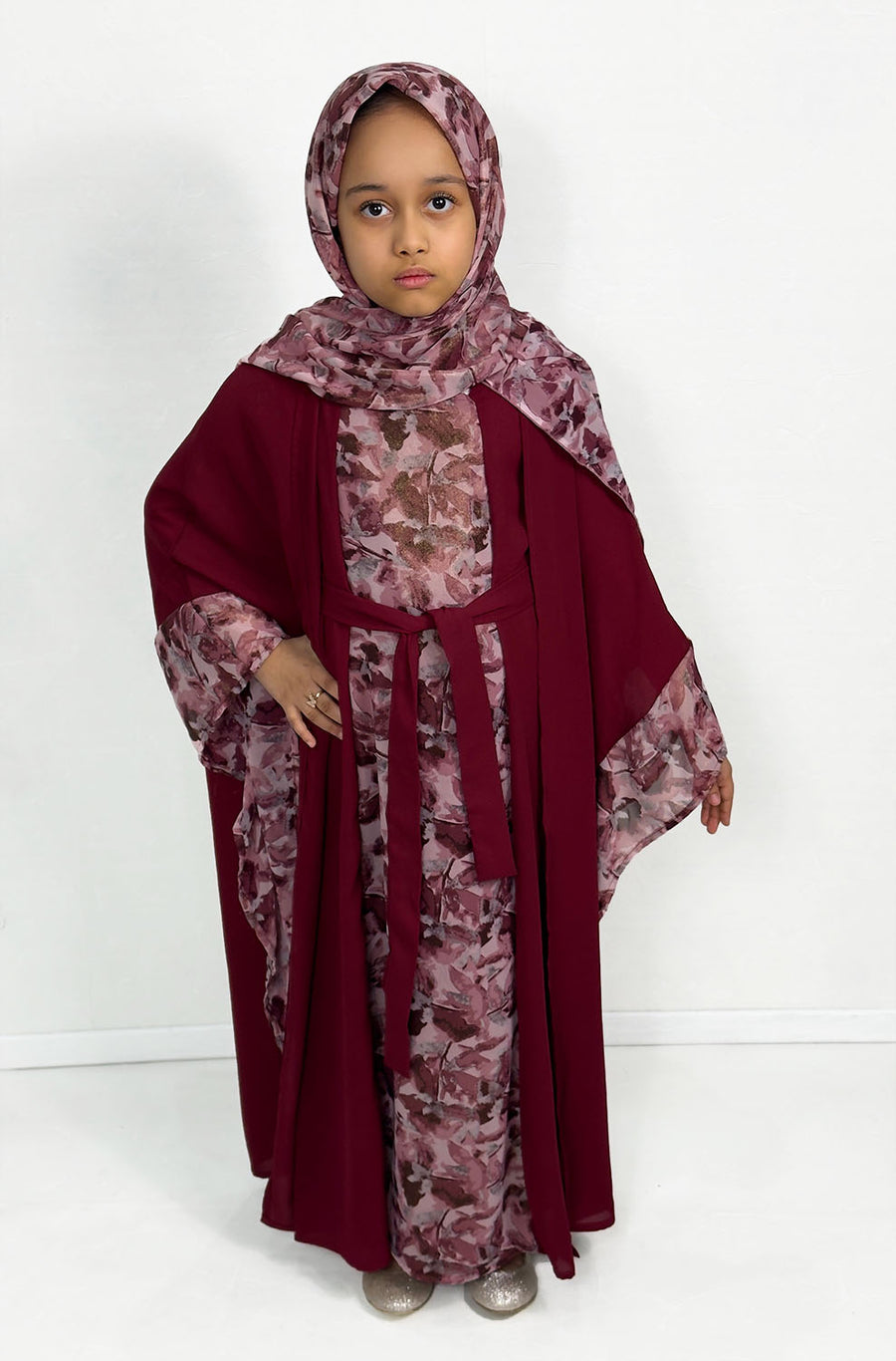 Girls' wine farasha abaya set with matching belt