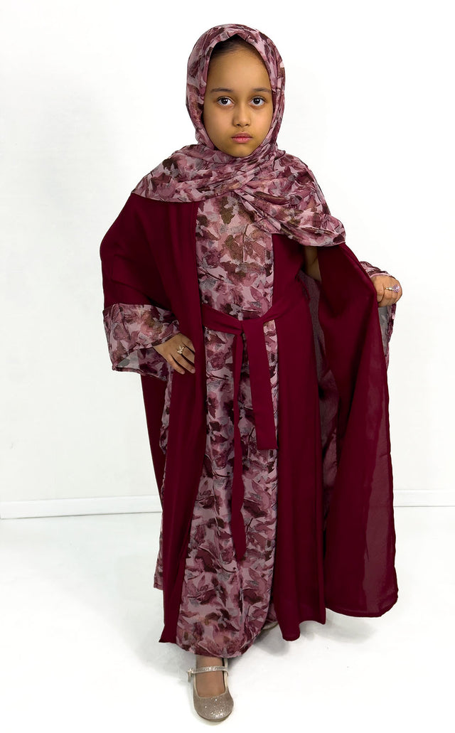 Girls' wine farasha four piece abaya set, front view