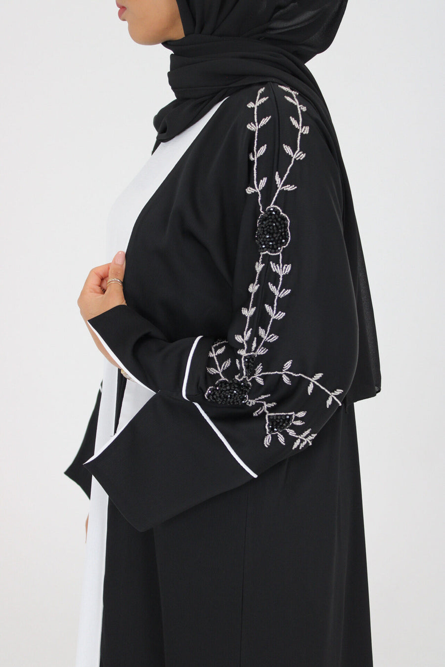 Matching scarf with the black floral embellished abaya set
