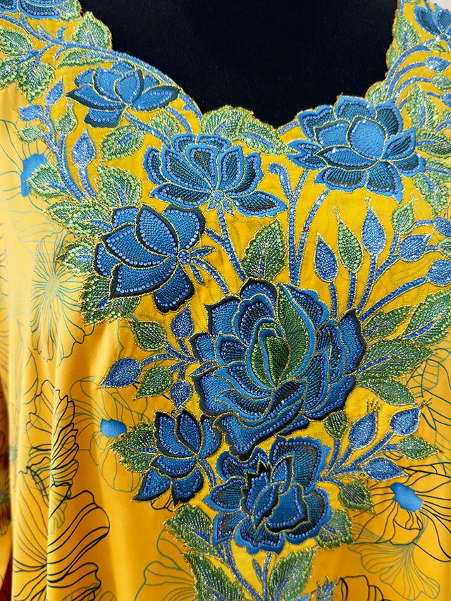 Blue roses floral embroidery mukhawar maxi dress, front view